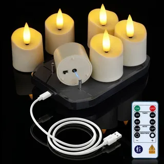 AMAGIC 6er led teelichter Aufladbar mit Ladestation,Timer,Fernbedienung | wiederaufladbar LED Kerzen Flackernd,dimmbare,2 Std. Ladezeit, bis zu 100 Std. Leuchtdauer,Party Halloween Weihnachten Deko