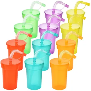 ALINK 12 Pack Kinder Party Becher,Plastikbecher,Trinkbecher Set mit Deckel Strohhalm,Eiskaffee,Kaltes Trinken,Smoothie Saft (380ML)