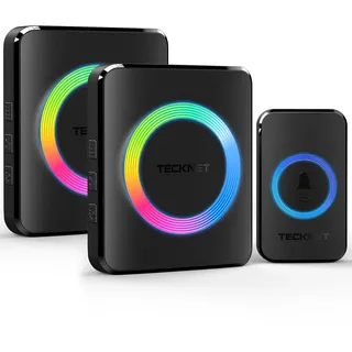 TECKNET Funkklingel, Kabellose Türklingel Funk Set 400m Reichweite, IP65 Aussen Wasserdicht Haustür Klingel mit 2 Plug-In-Empfänger und 1 Sender, Ring doorbell und Klingelknopf Mit LED-Blitz