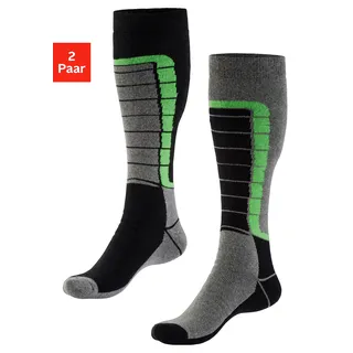 H.I.S Skistrümpfe "Damen Herren gepolsterte Thermosocken Winterstrümpfe" Packung, 2 Stk. tlg. mit weichem Vollfrottee, 1x schwarz, 1x grau meliert