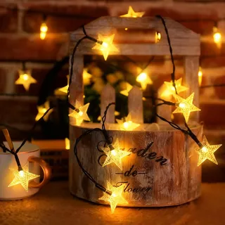 Quintrost Solar Sterne Lichterketten Außen, 6.5M 30 LED Weihnachten Sterne Lichterketten IP65 Wasserdicht, 8 Modi Solarlichterkette für Garten, Terrasse Weihnachtesbeleuchtung Dekoration, Warmweiß