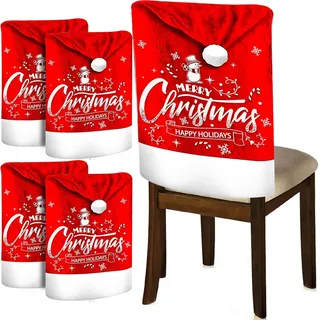 ZZQVIP 4er Set Weihnachts Stuhlhussen 65×50cm, Merry Christmas Stuhlbezüge aus Goldsamt mit Plüschkugel, Rot Weiß Stuhlabdeckung für Esszimmer Deko, Wiederverwendbare Stuhlüberzüge für Weihnachten