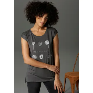 T-Shirt ANISTON CASUAL, Damen, Gr. 34, grau (anthrazit, weiß, silberfarben), Single Jersey, Obermaterial: 95% Viskose, 5% Elasthan, Glitzermuster, bedruckt, figurumspielend Po-bedeckend, Rundhals, Shirts T-Shirt, mit Frontdruck, teilweise glitzernder Folienprint, Topseller