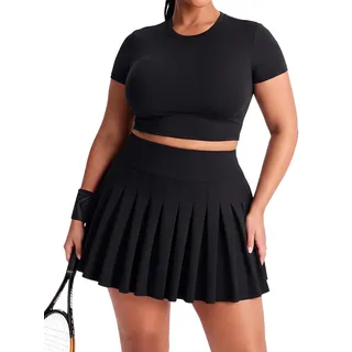 Moon Wood Damen Mini Rock Elastisch Hohe Taille Solid Basic Gefaltet Röcke Tennis Skater Skirt Kurz mit Shorts Große Größe