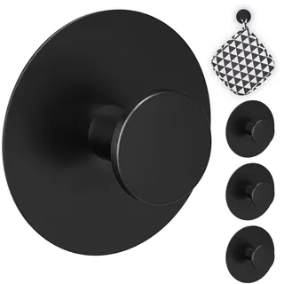 Relaxdays Haken selbstklebend, 4er Set, Edelstahl, Ø 5,5 cm, Wandhaken ohne Bohren, Klebehaken Bad & Küche, schwarz
