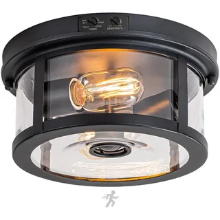 FTL Deckenlampe mit Bewegungsmelder Außen, Deckenleuchte mit Bewegungsmelder und Dämmerungssensor für Aussen, Klares Glas 2-Leuchten-Deckenbeleuchtung Außenlampe für Veranda Bauernhaus, Wasserdicht
