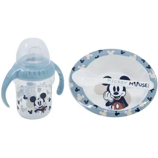 Disney Minnie Maus Geschenk-Set für Kinder, aus BPA-freiem Kunststoff und Silikon, mit Babyflasche, Schüssel und Löffel, waschbar und wiederverwendbar, Blau