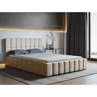 Polsterbett ALMA mit Kopfteil, 140 x 200 cm, Doppelbett mit Bettkasten und Lattenrost aus Holz, Velourstoff: Beige - Beige