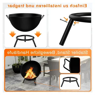 Feuerschale 62 cm für Garten, Terrasse und Balkon, Feuerkorb aus Stahl mit Dreibein-Gestell, flexibel einstellbare Feuertonne für Lagerfeuer in Schwarz