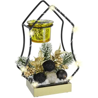 LED-Kerzenhalter mit Glaseinsatz Tannenzweigen Beeren 21cm LED-Deko Tischdeko Wohnzimmer goldene Weihnachtsdeko Kerzenständer Teelichthalter Weihnachten Geschenkidee Winterdeko Kerzenleuchter