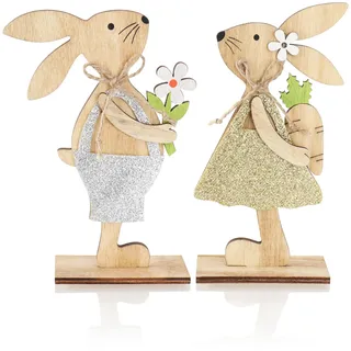 com-four® 2X Deko-Aufsteller für Ostern - Osterhasen mit Blume und Karotte aus Holz - Hasen zum Hinstellen - Osterdekoration aus Holz (2 Stück - orange/gelb)