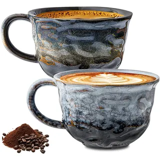 PORFOYO 2 Stück Cappuccinotassen Set Steingut, 260ml Handgefertigt Porzellan Kaffeetassen Set, Kreatives Design Keramik Teetassen Geschenk, für Büro und Zuhause (Marmor Grau+Sternenmuster)