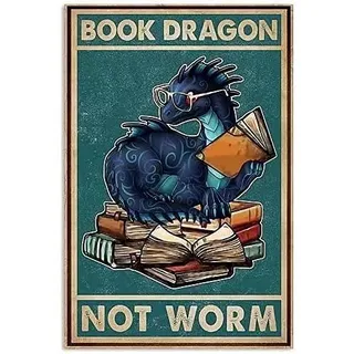 Drache Retro Metall Blechschilder Buch Drache Nicht Wurm Lustiges Poster Bibliothek Cafe Wohnzimmer Badezimmer Küche Zuhause Kunst Wanddeko Schild Geschenk 20,3 x 30,5 cm