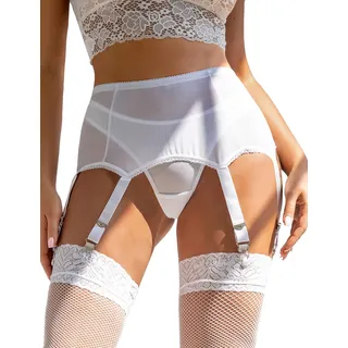 comeondear Weiß Strapsgürtel Damen Sexy Große Größen Strumpfgürtel Breit Strapsen Dessous Set mit 6 halter Strumpfhalter Spitzen Hosenträgern Strapshalter mit 6 Metallclips Slip Reizwäsche(Weiß,XS-S)