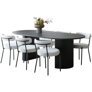 VCM ebuy24 Essgruppe Esstisch 100x210 cm Dunkelbraun und 6 Stühle Bouclé Weiß.