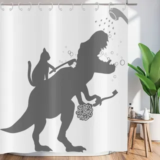 ASDCXZ Duschvorhang Lustig 180x200 cm, Einfachheit Lustig Katze Dinosaurier Weiß Waschbar Textil Badezimmer Vorhänge Polyester Stoff Wasserdicht Duschvorhänge für Badewanne mit 12 Duschvorhang Hake