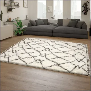 Paco Home Orebro 170 Hochflorteppich 120 x 170 cm Beige/Weiß