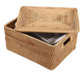 IGNPION Rattan-Aufbewahrungskorb mit Deckel, Weiden-Dekorativer Aufbewahrungskorb für Regale, Badezimmer, gewebte Aufbewahrungsbox, Schrank & Tisch, Mehrzweck-Aufbewahrungskorb für Küche, Wohnzimmer