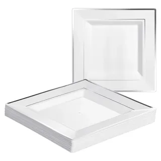40 Weiße Plastikteller mit Silbernem Rand (Eckig, 24 cm) - Mehrweg Kunststoffteller für Hochzeiten, Geburtstage, Partys - Elegantes Partygeschirr - Weiß, Silber