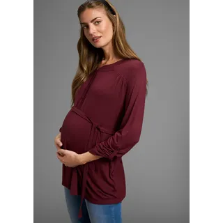 Umstandsshirt NEUN MONATE "Jersey-Bluse mit Bindegürtel", Damen, Gr. 36/38, rot (bordeaux), Jersey, Obermaterial: 100% Viskose, unifarben, Basic, Basic hüftbedeckend, Rundhals, Krempelärmel, Shirts Umstandsshirt, Viskose Umstands-Bluse praktisch für Schwangerschaft und danach