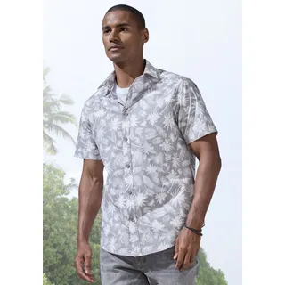 Hawaiihemd BEACHTIME "Regular fit", Herren, Gr. M (39/40), N-Gr, grau (grau, bedruckt), Web, Obermaterial: 100% Baumwolle, gemustert, regular fit, ohne Ausschnitt, abgesteppte Kante, Hemden Hawaiihemd, Kurzarm, Freizeithemd mit Palmenprint, reine Baumwolle