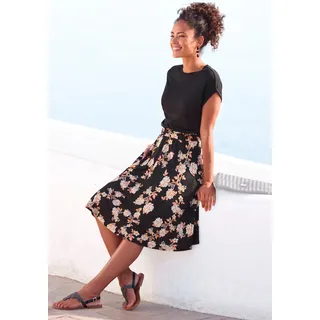 Jerseykleid LASCANA "mit bedrucktem Rock, Gummizug in der Taille", Damen, Gr. 46, N-Gr, bunt (schwarz, orange, bedruckt), Jersey, Obermaterial: 100% Viskose, bedruckt, geblümt, figurbetont kniefrei, Rundhals, Aufschlag, Kleider Jerseykleid, kurzärmliges Sommerkleid, T-Shirtkleid, Viskosekleid, casual, Topseller