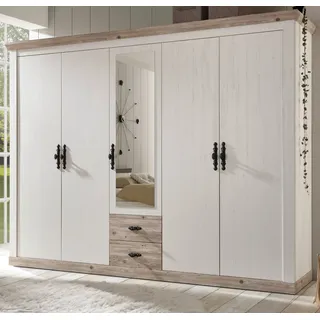 Kleiderschrank "Rovola" Pinie weiß Landhaus Schrank 5-türig mit Spiegel 265 cm - Weiß, Naturbelassen