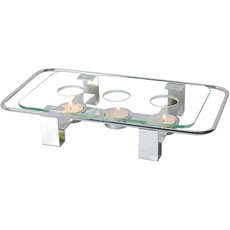 NewlineNY Geschirrwärmer, verchromt, rechteckig, Glasplatte, 3 Löcher, Teelicht, Votivkerzen, Gourmet, Speisenwärmer