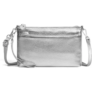 befen Echtleder Handtasche Klein Damen Clutch RFID-Blockierung Umhängetasche Leder Crossbody Bag Damen mit Handgelenkband & Verstellbar Schultergurt, Silber