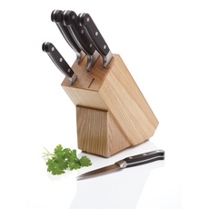 MasterClass Halo Messerset mit Messerblock, 5-teiliges Edelstahl Küchenmesse-Set, Kochmesser/Fleischmesser/Brotmesser/Allzweckmesse/Schälmesser, Edelstahl, Braun, 36.7 x 19.8 x 9.9 cm