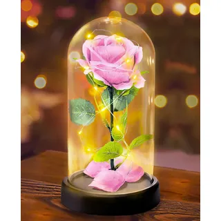 Touloube Geschenke für Frauen - Premium Rose Blume Geschenk, Ewige Rose im Glas Mit Lichter, 1 Rosa Rose in Glaskuppel, Valentinstagsgeschenk für Freundin Mama Mutter Großmutter Oma