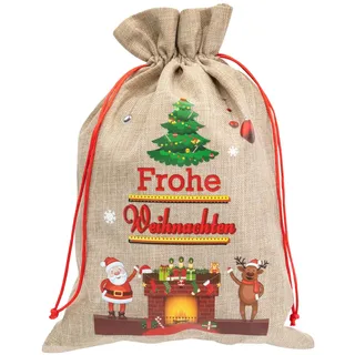 Idena 30536 - Jutesack ca. 49 x 63 cm, Stoffbeutel mit Weihnachtsmann-Motiv, Rentier und Aufschrift Frohe Weihnachten, Weihnachtssack mit roter Kordel