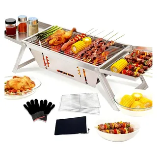 Holzkohlegrill, Tragbarer Campinggrill, Klappgrill aus Edelstahl, Einstellbarer Mini BBQ Grill für Outdoor Camping Terrasse Grillparty Silber (43,50 cm x 22,50 cm x 4,00 cm) - Silber