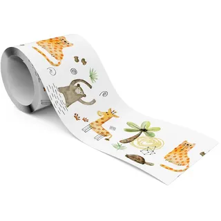 Muralo Tapetenbordüre selbstklebend für Kinder wilde Tiere tropische Pflanzen , Grün, Schwarz, Weiß, Beige, Braun, Orange , Papier , Tiere, Baum/Pflanze/Natur , Rechteckig , 10x300x300 cm , Tapeten & Wandverkleidungen, Wandtattoos & Sticker