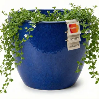 Teramico Pflanzgefäß Keramik rund frostfest (Royal Blau, 38cm x 31cm) | Runder Premium Blumentopf in echter Handarbeit. In vielen Größen & Farben ideal für Garten und Balkon kombinierbar.