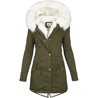Winterjacke Damen Lang - Warmer Mantel mit Kapuze, Winterparka mit Reißverschluss, Slim-Fit Plüschjacke mit Kordelzug und Taschen, Marineblau, 5XL - Grün