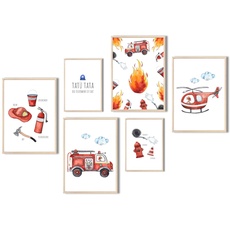 MeinBaby123® Bilder Kinderzimmer | DIN A4 & DIN A5 6er Poster Set Feuerwehr | Feuerwehrauto, Feuerwehrmann | Deko Kinderzimmer Junge | Babyzimmer Deko | Wandposter Premium (Feuerwehr V6)