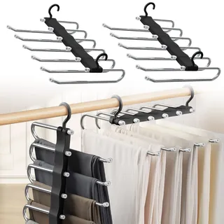 Sternstunde 6 in 1 Hosenbügel Platzsparend, Hosen Kleiderbügel aus Edelstahl Ausziehbar, Hosenhalter für Kleiderschrank, Magic Hanger Organizer für Hosen, Schals, Jeans, Kleidung (Schwarz-2pcs)