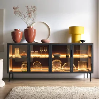 Sideboard Kommode LUMI 181 cm Eiche Dunin 4 Glastüren braunes Antisol-Glas LED Loft Modern - Braun, Schwarz