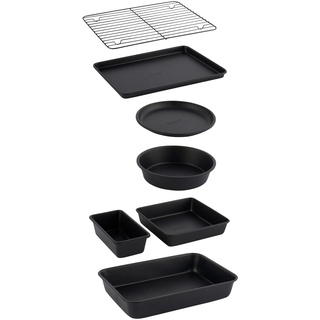 Salter BW12572EU7 Bakes stapelbares 7-teiliges Backgeschirr-Set – Antihaft mit Backblech, Kuchenform, Tortenform, Brownie-Pfanne, Bratdose, Kühlregal, kompakte Lagerung, ofensicher bis 220°C, Schwarz