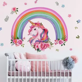 Aolso Wandtattoo Regenbogen, Wandtattoo Regenbogen Sonne Wandaufkleber, Wandaufkleber für Babyzimmer, Wandsticker Wanddeko für Mädchen Kinderzimmer Schlafzimmer Wohnzimmer (Einhorn)