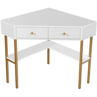 FANTASK Eckschreibtisch mit Schubladen, Computertisch platzsparend mit 2 großen Fächern, Winkelschreibtisch modern aus Holz, Arbeitstisch für Büro & Homeoffice, Weiß