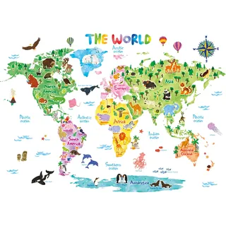 DECOWALL DL3-1615 Extra groß Weltkarte Tierweltkarte Tiere Wandtattoo (140x106 cm) Wandsticker Wandaufkleber Wanddeko für Wohnzimmer Schlafzimmer Kinderzimmer (Englisch Ver.)