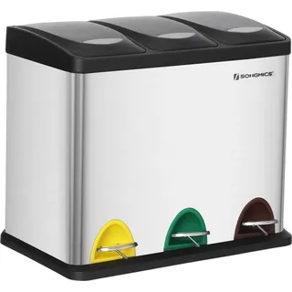 Abfalleimer LTB24L für Mülltrennung, 3 Fächer, Pedal, Edelstahl, Fingerabdruck-resistent, 46,5x29,5x65 cm - Silber