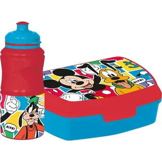 Tataway Disney Set 380 ml Flasche und Sandwichbox rot für Kinder aus Kunststoff Mickey Mouse mit rutschfestem Band und Sicherheitsverschluss