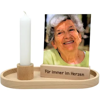 Gedenkset mit Kerzenhalter & Kartenhalter – Erinnerung an Verstorbene – graviert oder personalisiert – Holz Deko für Trauer & Gedenken (Für Immer im Herzen)