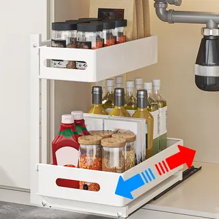 HABITELLO 2 Etagen Spülschrank Organizer Ausziehbar aus Metall, Unterschrank Organizer küchenschrank mit 4 Haken, Küchenregal Gewürzregal für Küche & Badezimmer (Weiß)