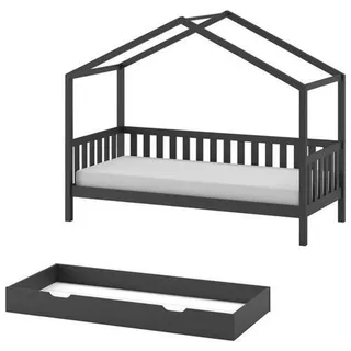 Vipack Hausbett mit seitlicher Umrandung 90 x 200 cm inkl. Bettschublade, Ausf. Kiefer anthrazit - 90x200 cm, Kinder- Jugendzimmer, Kinderbetten, Hausbetten