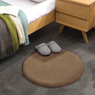 Teppich Wölkchen Fell Rund, Fellteppich Rund, Kunstfell Teppich Waschbar, Hasenfell, Kaninchenfell - Flauschiger Teppich Wohnzimmer, Bettvorleger Schlafzimmer - Braun - Rund 60cm