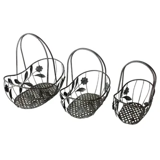 Dekokörbe Set 3tlg. oval antik grau Dekokorb Metall Korb Tragekorb Pflanzkorb - Grau